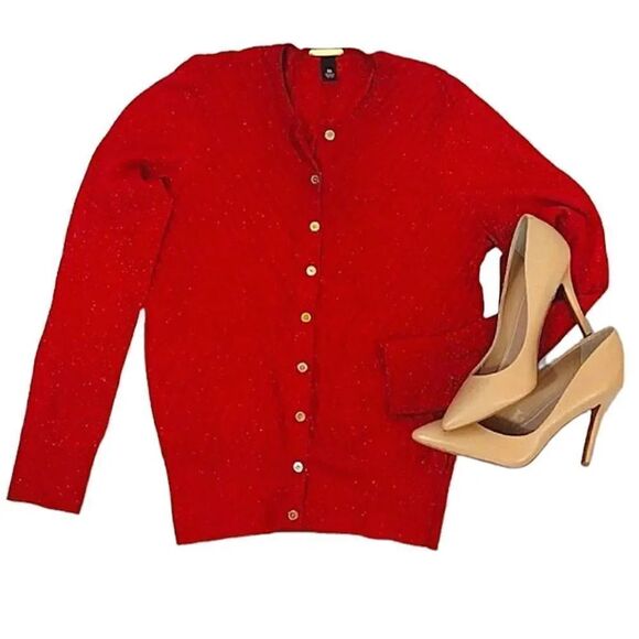 Dana Buchman Red Metallic Gold Chevron Knit Button Up Cardigan Medium - Picture 2 of 15